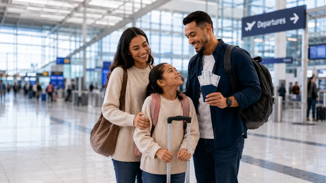 A family with their boarding passes at the airport