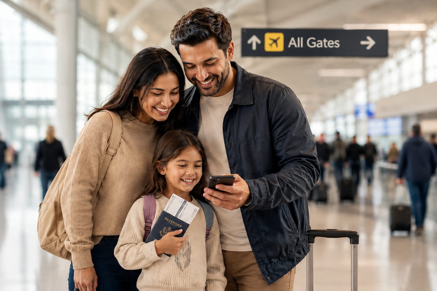A family checking their travel documents on a phone at the airport